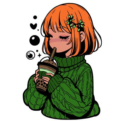 manga girl drinking boba in cozy sweater