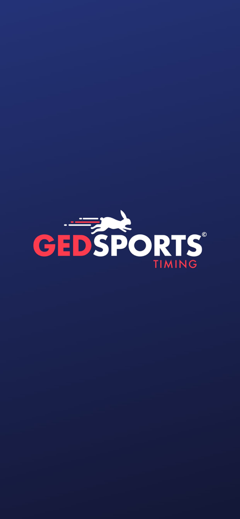 GED Sports Live - La pantalla de inicio oficial de la aplicación GED Sports Timing con un logo de conejo corriendo sobre un fondo azul oscuro.