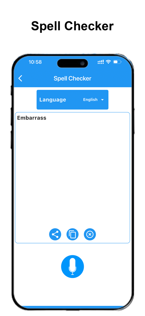 Correct Spelling-Spell Checker - The voice to spelling feature interface of the Correct Spelling app showing a text result and microphone button