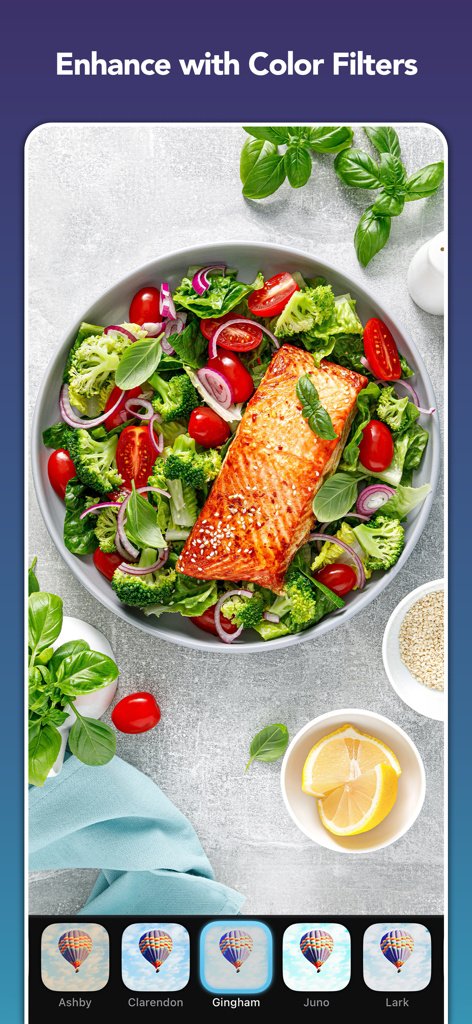Bildschirm der mobilen BeCasso-App zeigt ein Foto von Lachssalat, das mit verschiedenen Farbfiltern optimiert wird