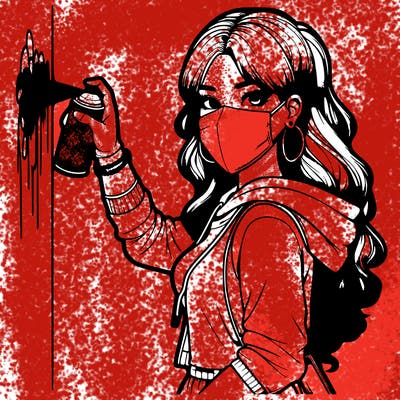 realistic girl with mask spray painting a wall