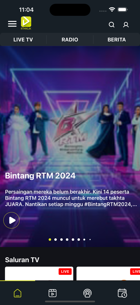 Screenshot of the RTMKlik mobile app showing the Bintang RTM 2024 program with navigation tabs for Live TV, Radio, and News.