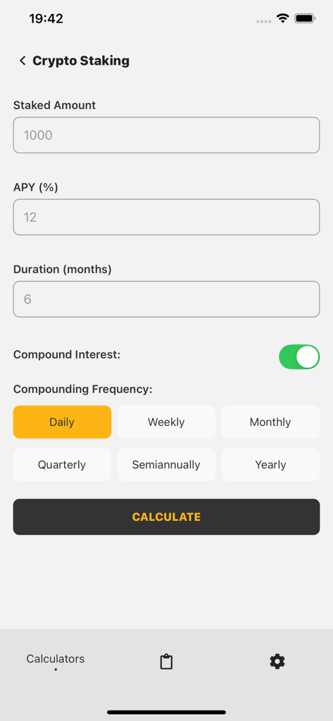 Trading Calculator+ - A mobile app interface for a crypto staking calculator showing input fields for staked amount, APY, and compounding frequency options.