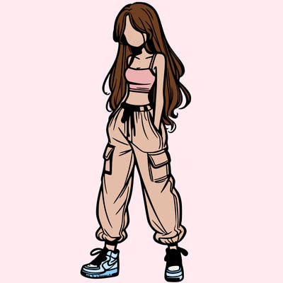 girl in baggy pants crop top and long hair