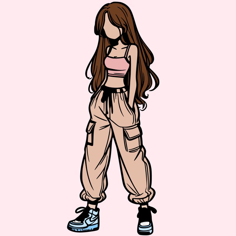girl in baggy pants crop top and long hair