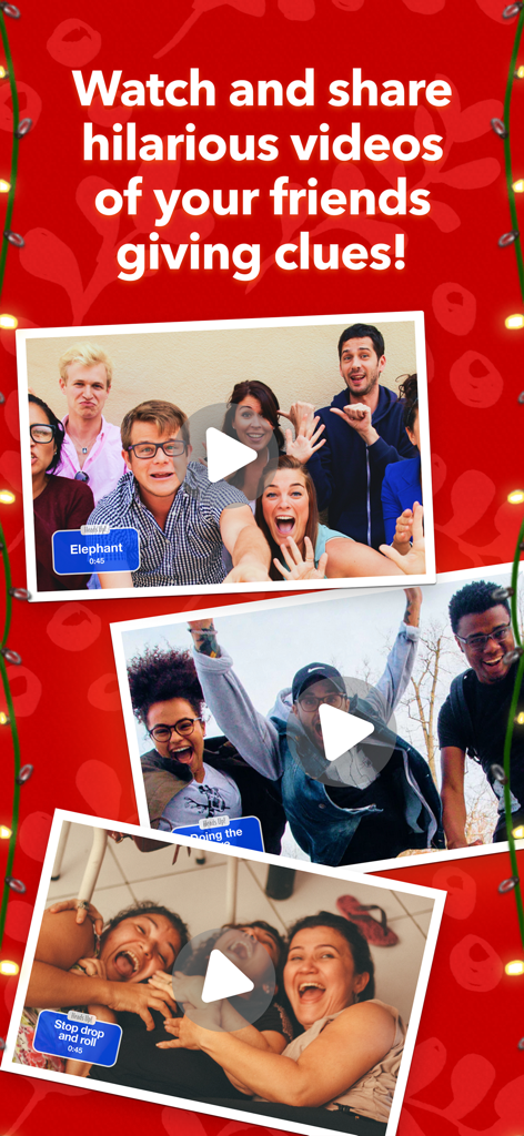 Ein Werbebild für die Heads Up App, das drei Videoclips von lachenden Freunden zeigt, die während des Spiels Hinweise geben.