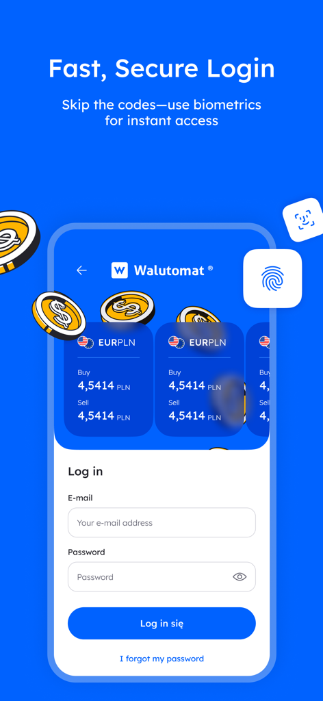 Walutomat app login screen promoting fast and secure access using biometric fingerprint and face recognition.