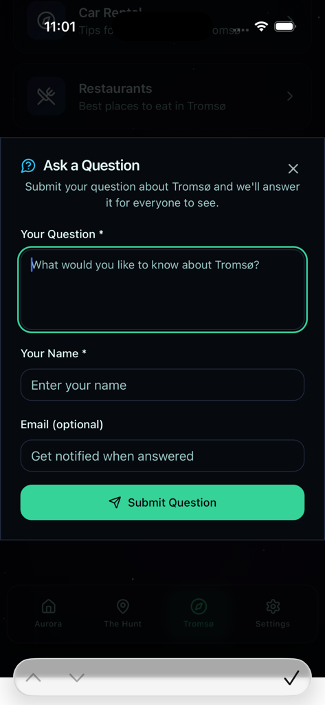 Frage stellen Formular in der Aurora Tromso App, damit Reisende lokalen Rat erhalten können