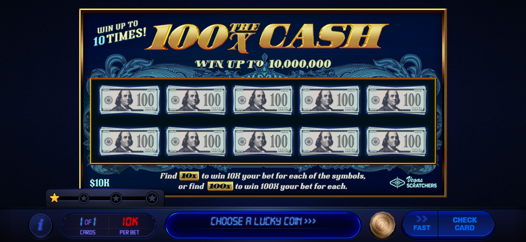 Vegas Lottery Scratchers - Tarjeta de rasca y gana "100X The Cash" en el juego Vegas Lottery Scratchers que muestra múltiples símbolos de billetes de dólar