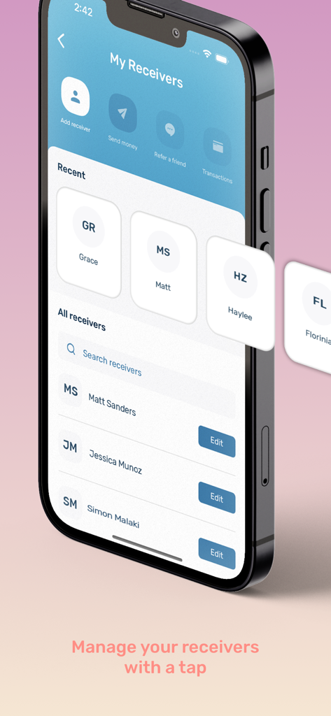 Kabayan Remit - Money Transfer - iPhone screen showing the My Receivers list in the Kabayan Remit app for managing money transfer contacts