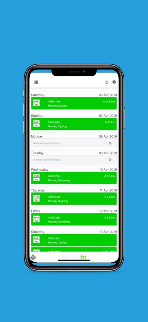 Training Tilt - Weekly training schedule interface displaying cycling swimming and running sessions