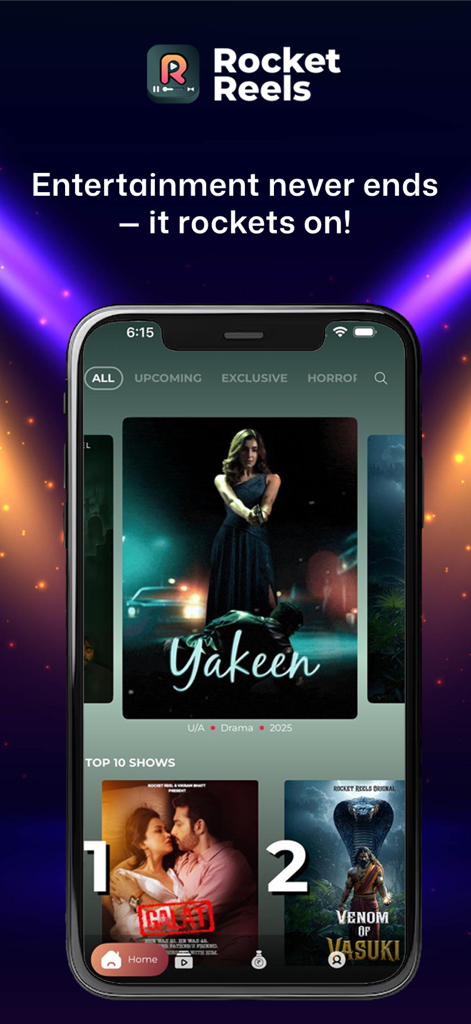 Rocket Reels app home screen displaying featured drama series and top ten shows on an iPhone