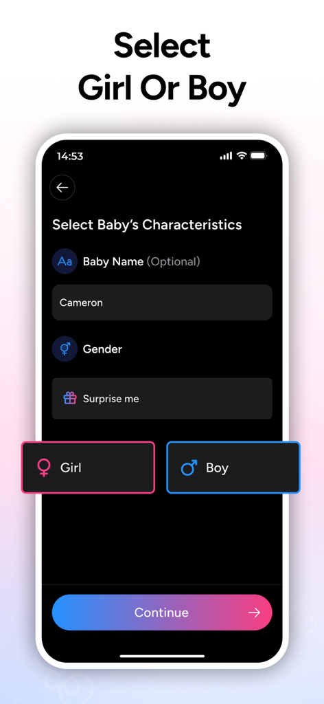 Écran de l'application Générateur de Bébé IA pour choisir le sexe et le nom du bébé.