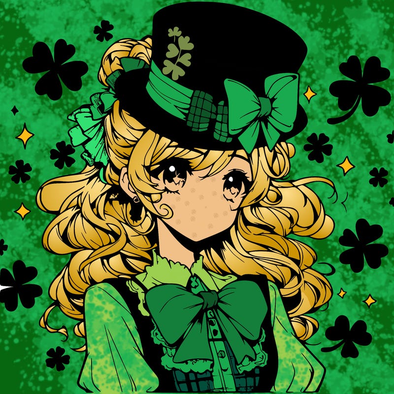 a manga-style girl with clovers around her, a little hat in her hair, like it's saint patrick's day
