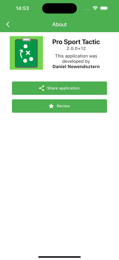 Pro Sport Tactic - Pro Sport Tactic app about screen showing version information and developer details