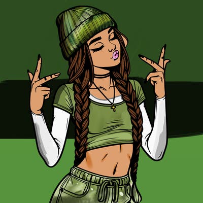 realistic teenage girl with braids and a beanie and crop top doing 🫶🏼