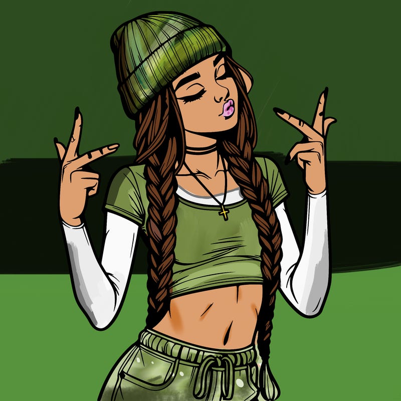 realistic teenage girl with braids and a beanie and crop top doing 🫶🏼