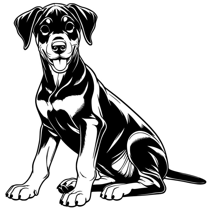 a realistic doberman pinsher puppy sitting down and smiling