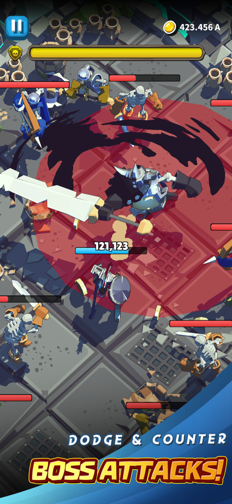 Gameplay screenshot of Dungeon of Gods showing a hero character dodging and countering a large boss and skeleton enemies in a dungeon setting.