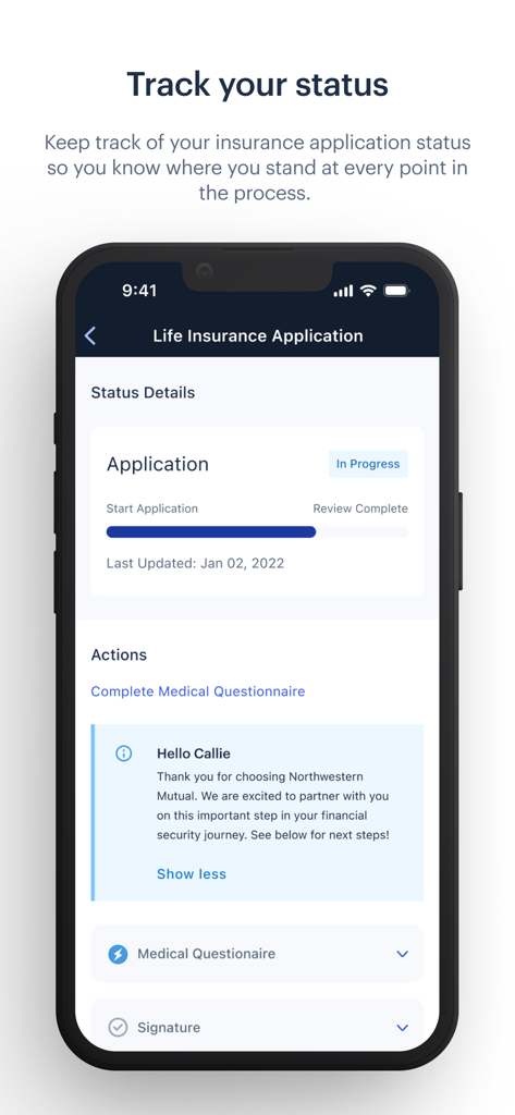Northwestern Mutual - A mobile interface tracking the progress of a life insurance application in the Northwestern Mutual app.