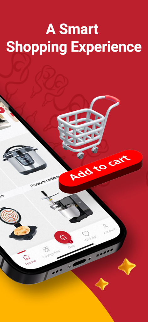 Alsaif Gallery | السيف غاليري - Smartphone displaying kitchen appliances in the Alsaif Gallery app with a 3D shopping cart and add to cart button