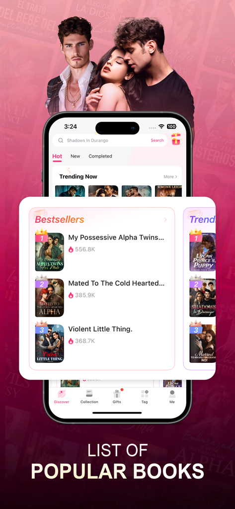 NovelaGo mobile app interface showing a list of popular romance and werewolf web novels under a bestsellers section