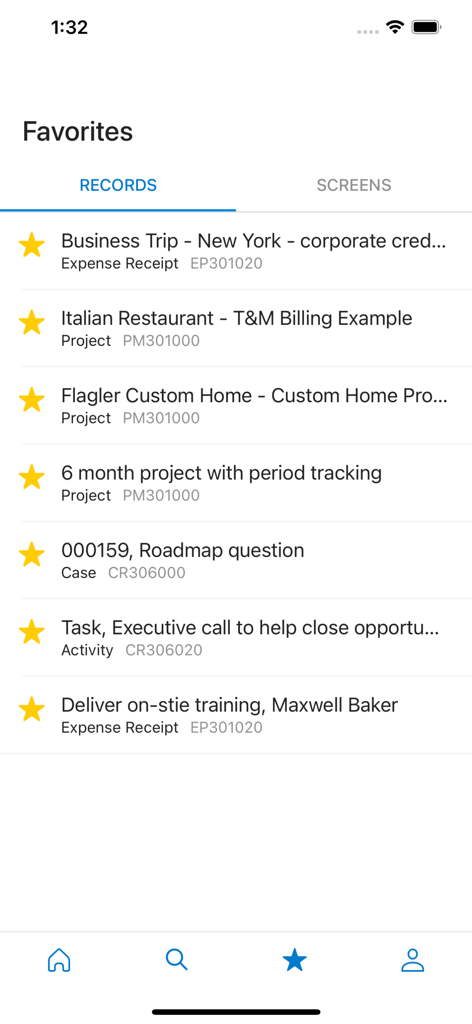 Acumatica mobile app screen displaying a list of starred favorite records including expense receipts and project management tasks