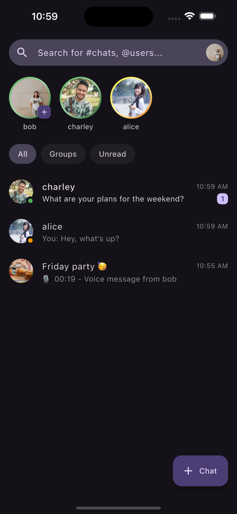 FluffyChat mobile app interface displaying a list of conversations with friends and group chats in a dark theme