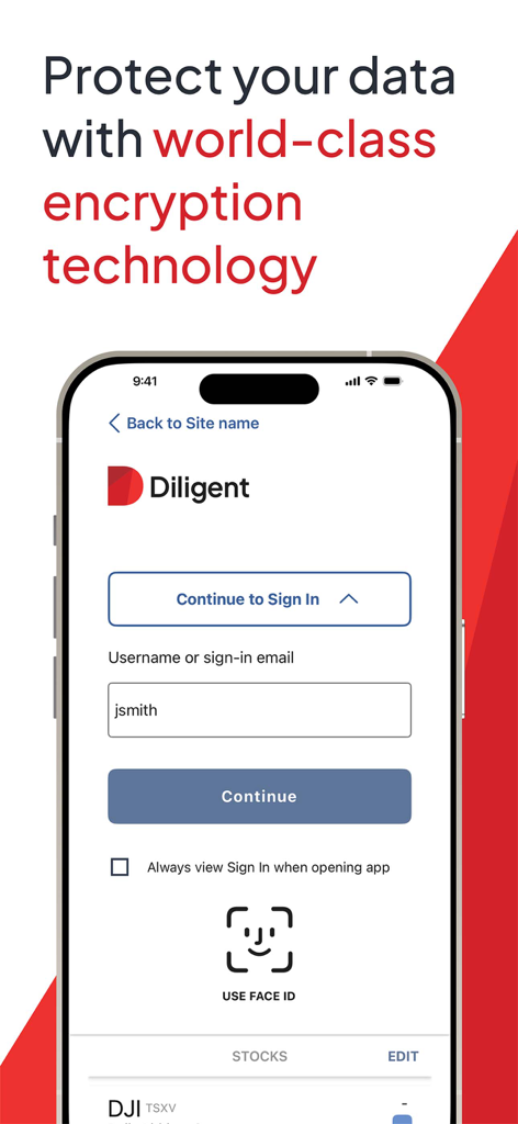 Diligent Boards app login screen showing Face ID authentication and encryption security message