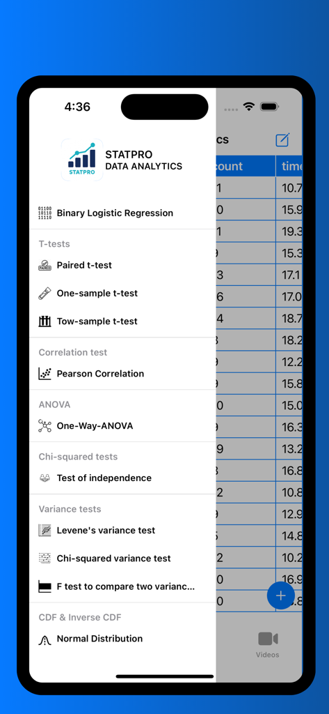 StatPro: Data Analytics - A list of statistical tests in the StatPro app menu