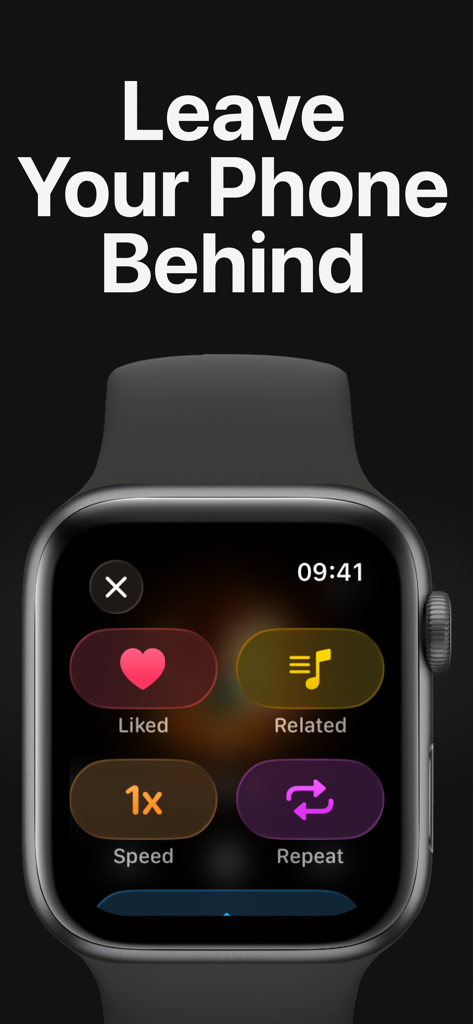 WatchCloud - WatchCloud app on Apple Watch showing playback controls for liked tracks and speed