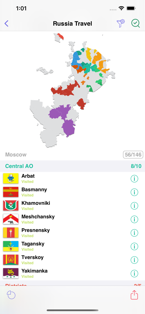 A screenshot of the Russia Travel app showing a color-coded map of Moscow and a list of visited districts in the Central AO including Arbat and Basmanny.