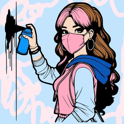 realistic girl with mask spray painting a wall