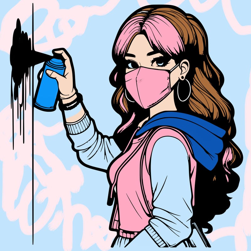 realistic girl with mask spray painting a wall