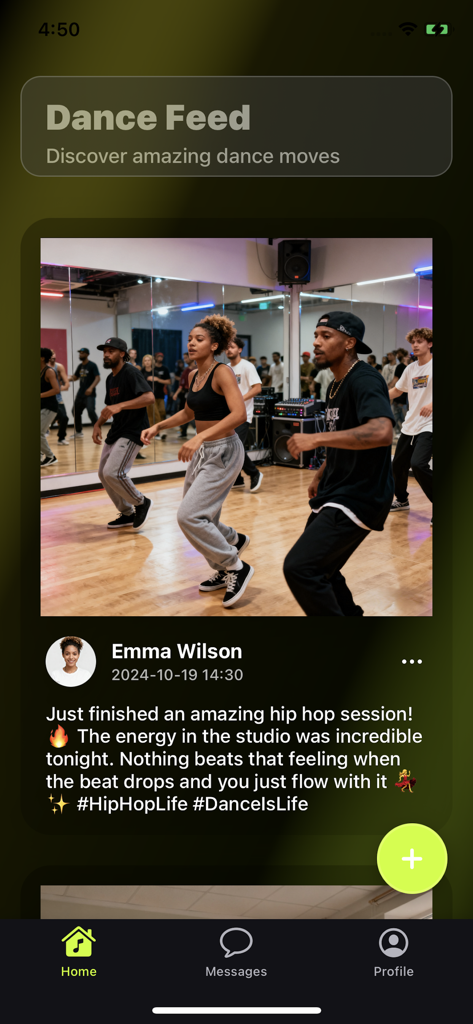 Meetu app home screen displaying a dance community feed with a hip hop studio post.