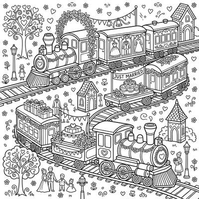 Embark on a charming coloring journey with this unique wedding-themed model train page. Featuring romantic details and playful elements, it's perfect for celebrating love with your favorite colors.