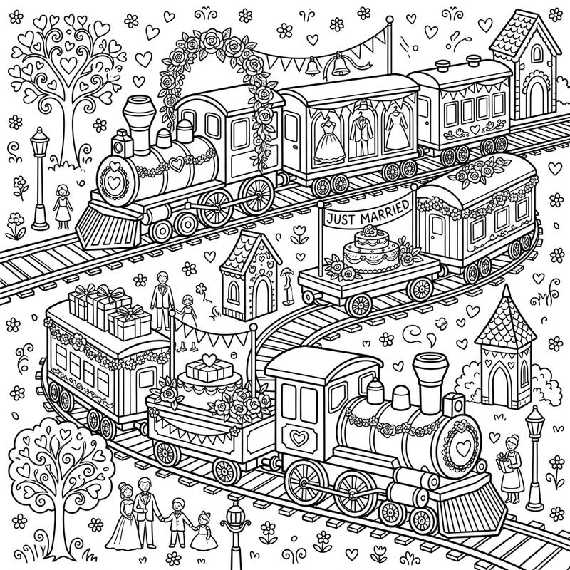 Embark on a charming coloring journey with this unique wedding-themed model train page. Featuring romantic details and playful elements, it's perfect for celebrating love with your favorite colors.