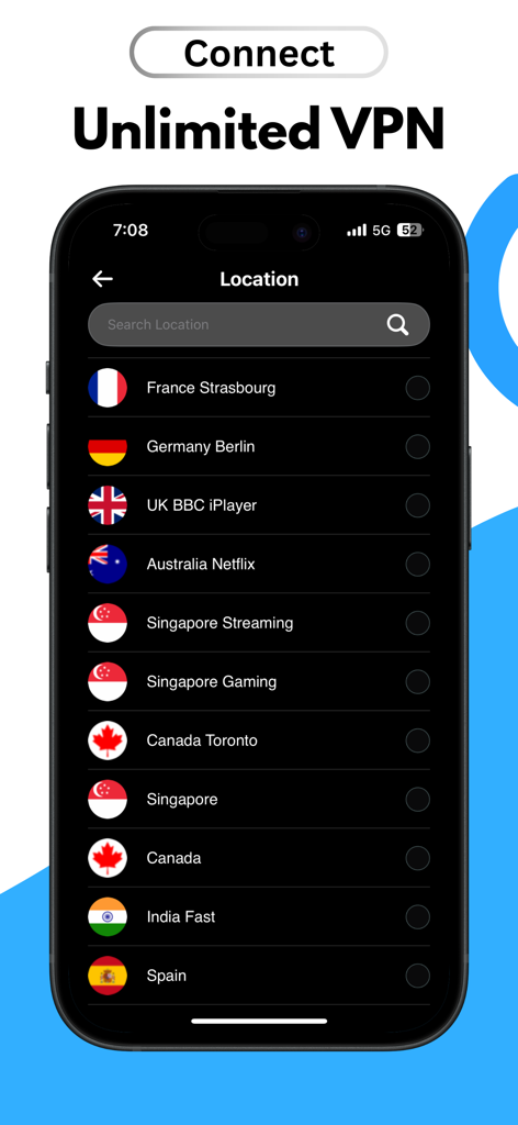 VPN Pro app showing a list of international servers optimized for streaming and gaming.