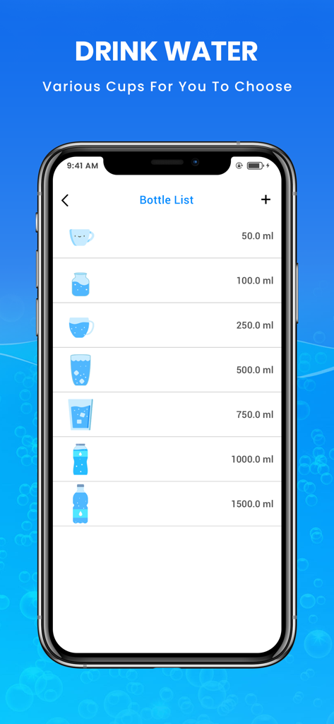 Aqualert : Stay Hydrated - Aqualert app interface showing a list of different cup and bottle sizes for tracking water intake