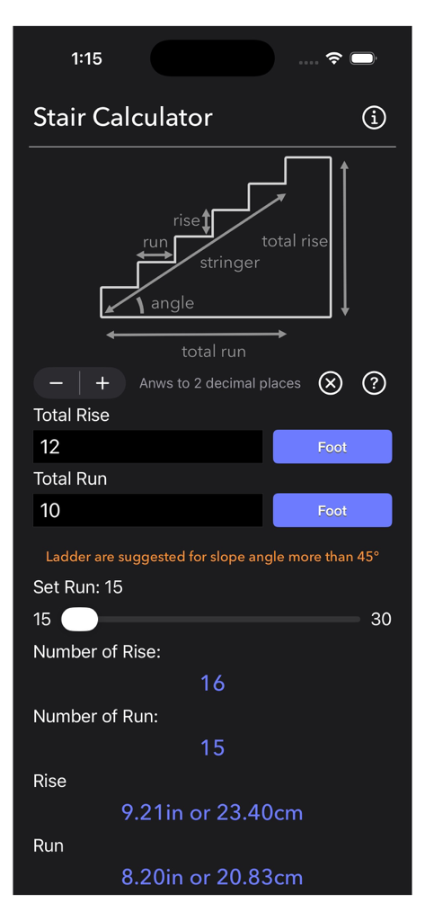 Interface of the Stair Calculator Plus app showing stair dimensions and calculations for rise and run