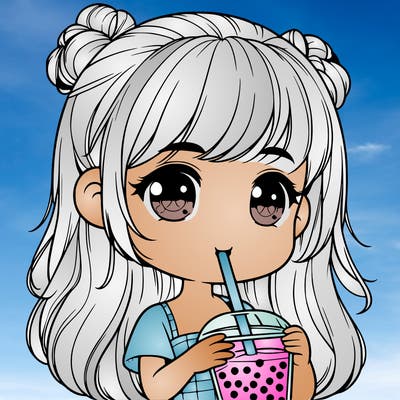 realistic little girl drinking boba