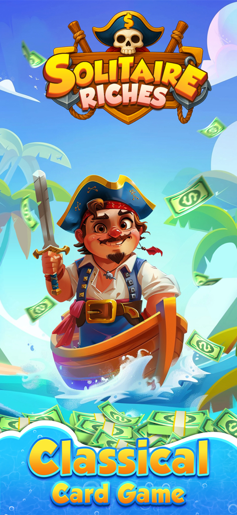 Solitaire Riches:Win Cash - Un capitán pirata en un barco rodeado de dinero flotante en Solitaire Riches