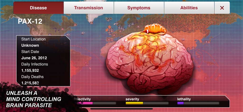 Pantalla de juego de Plague Inc. mostrando un parásito cerebral que controla la mente sobre un mapa global con estadísticas de infección