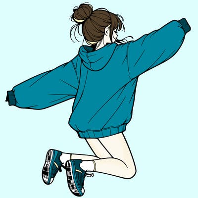 realistic girl jumping with a bun and oversized sweatshirt