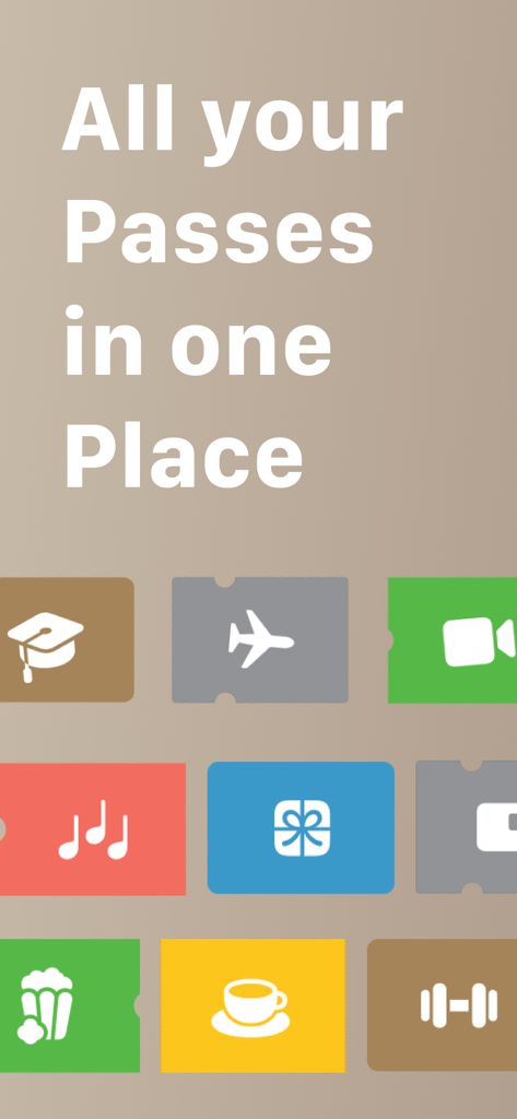 Screenshot of the app showing the text All your Passes in one Place and colorful icons for travel music gym and coffee digital passes