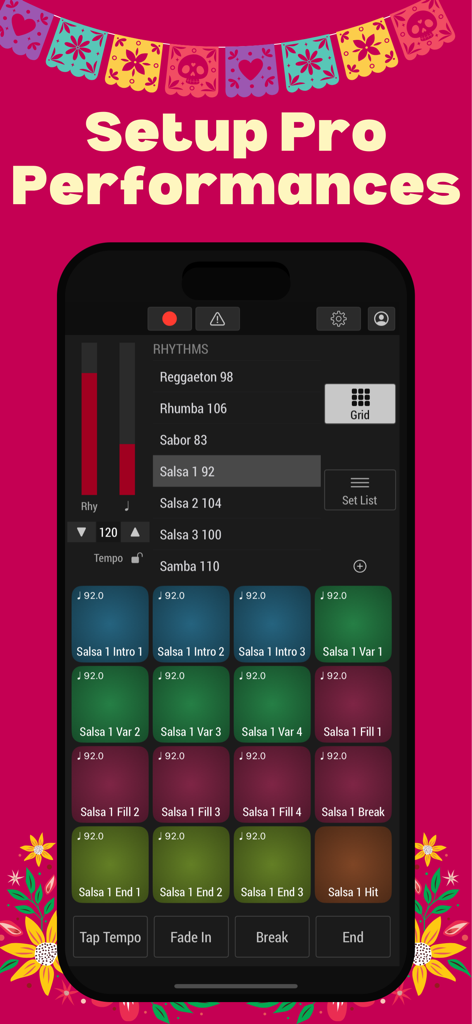 Latin Beats: Drum Pad Machine - Latin Beats app interface showing drum pads and performance setup for Salsa rhythms