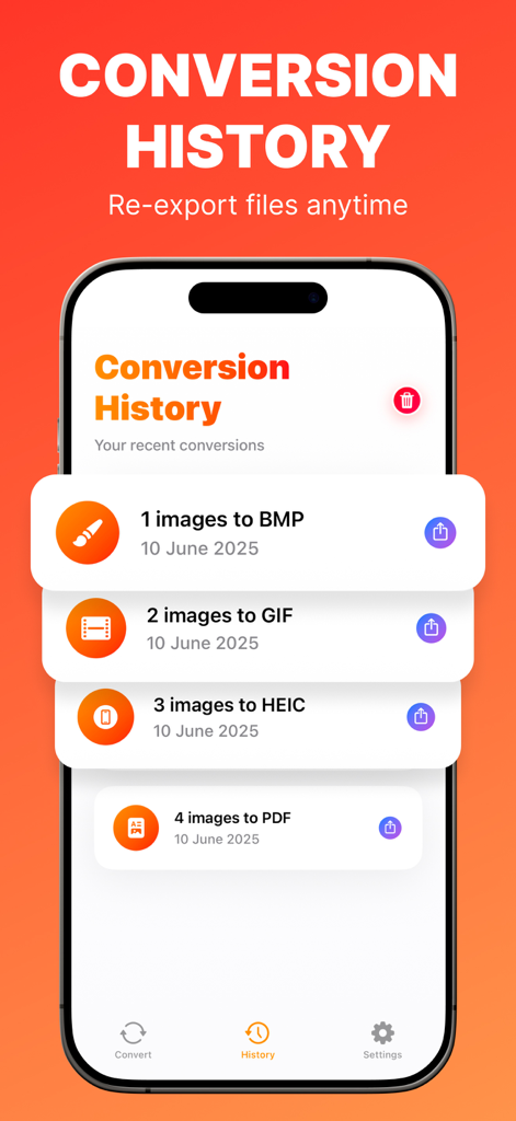 Image Converter: JPEG PDF PNG - Oberfläche der Bildkonverter-App, die eine Liste der letzten Dateikonvertierungen mit Optionen zum erneuten Exportieren anzeigt.