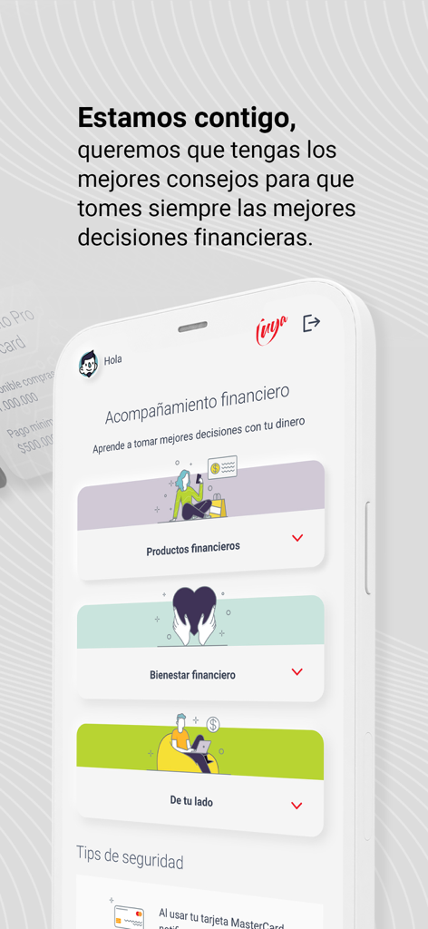 Tuya app screen displaying financial guidance sections and tips for managing Colombian credit products.