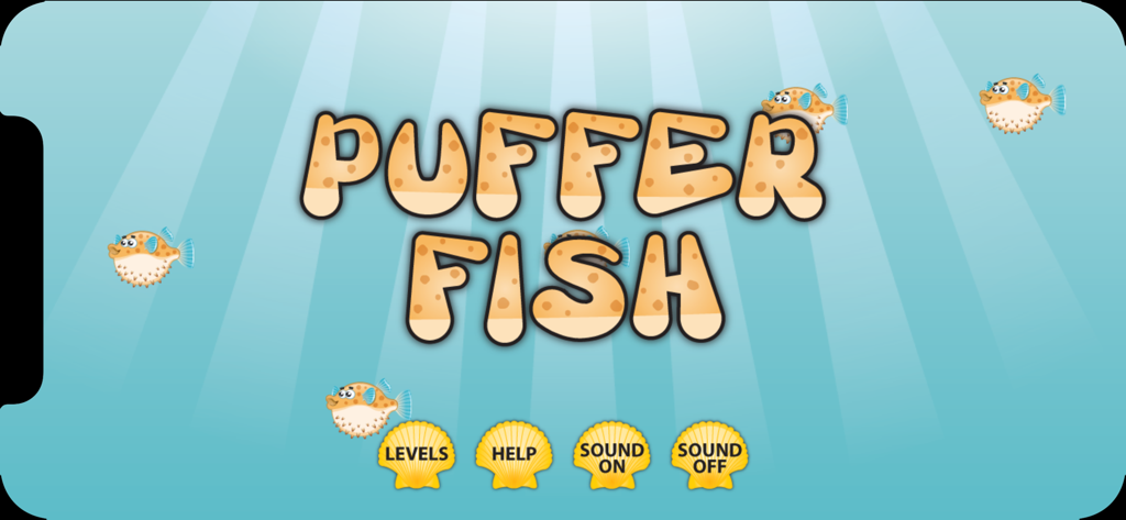 Puffer Fish - Main menu screen of Puffer Fish game featuring cartoon fish and shell shaped navigation buttons