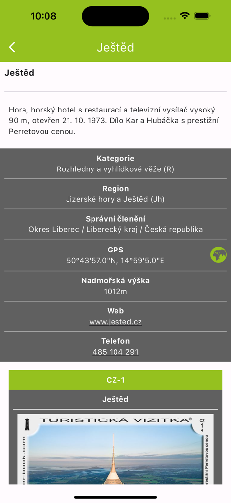 Wander Book - Location details for Jested mountain in the Wander Book travel app showing GPS and tourist sticker info